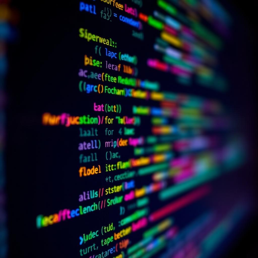 the Top Programming Languages to Learn: A close up of colorful blurred code on a dark monitor screen with shallow depth of field