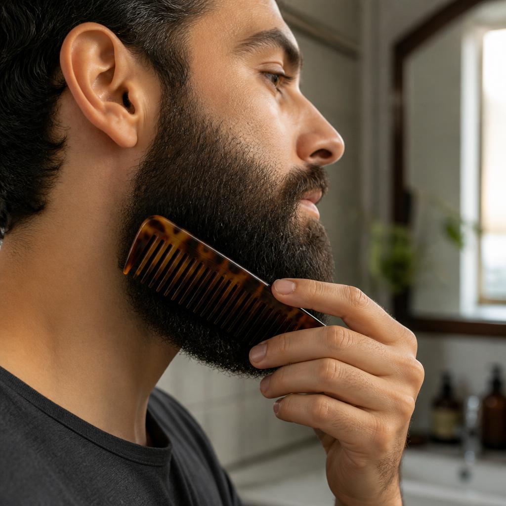 Close up of a man combing his thick dark full beard with a tortoiseshell acetate wide tooth comb in front of a bathroom mirror in side profile under warm window light