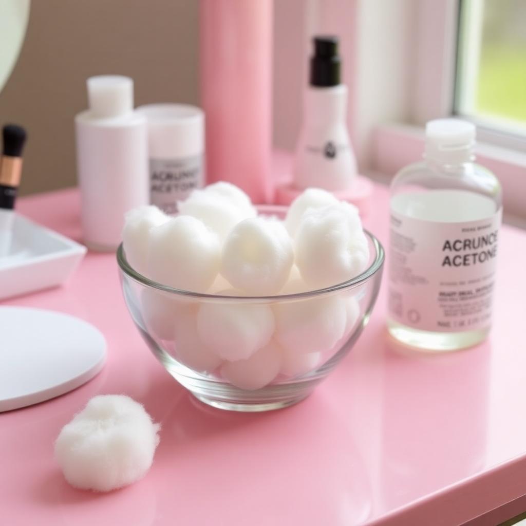 I Remove Acrylic Nails Safely: A small glass bowl of cotton balls beside a clear bottle of pure acetone on a soft pink beauty workstation.