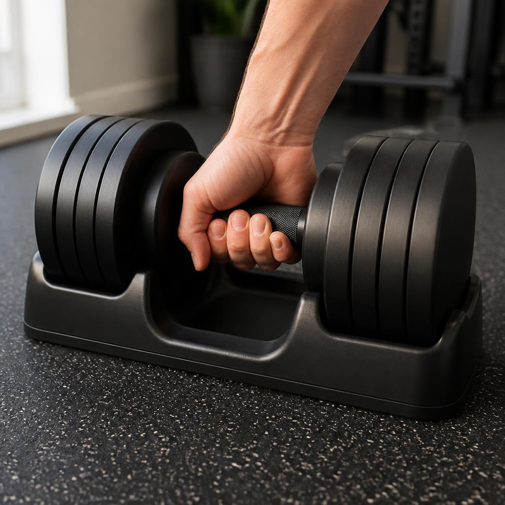 Hand grasping the handle of a compact adjustable dumbbell seated in its plastic cradle on a home gym floor