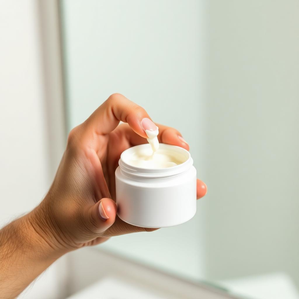 Hand scooping a small dab of white aftershave balm from a plain ceramic jar in a bright bathroom