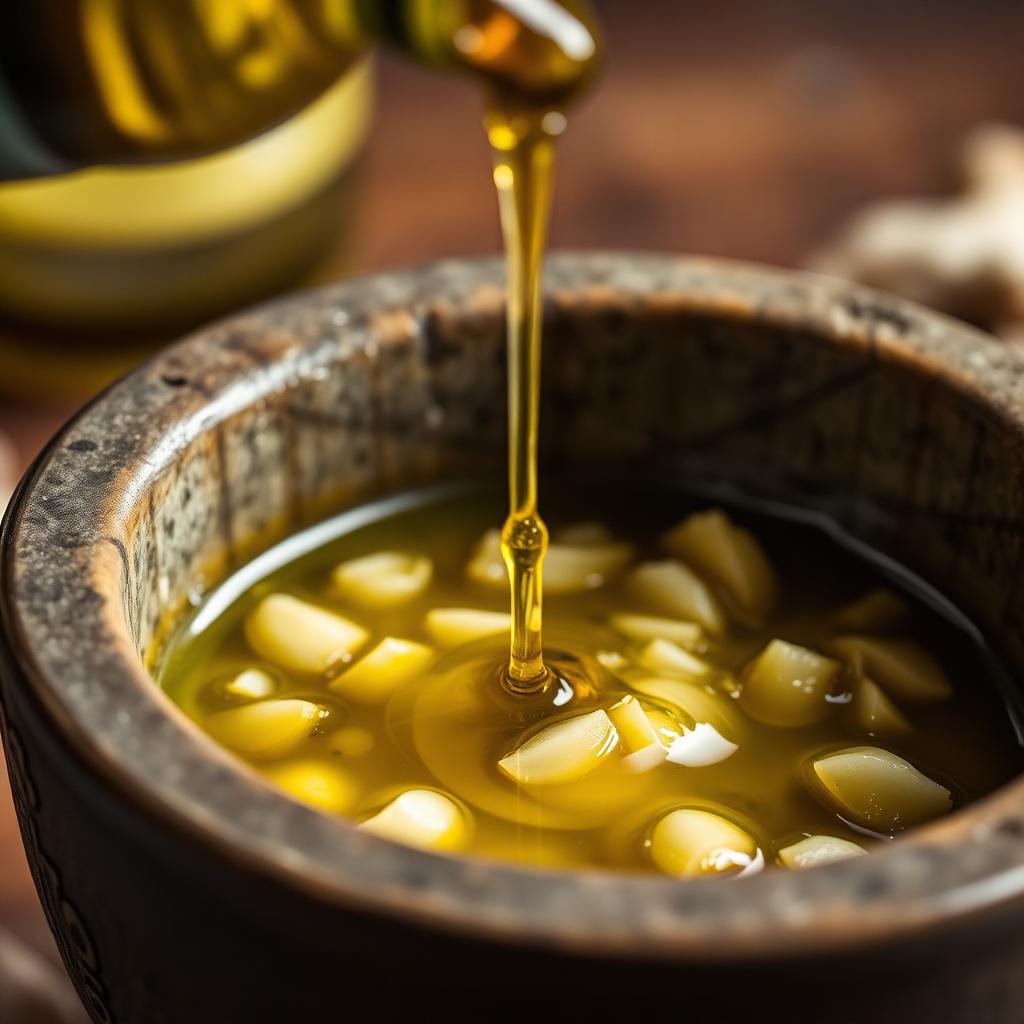 Stream of olive oil being poured slowly into a stone mortar containing crushed garlic paste