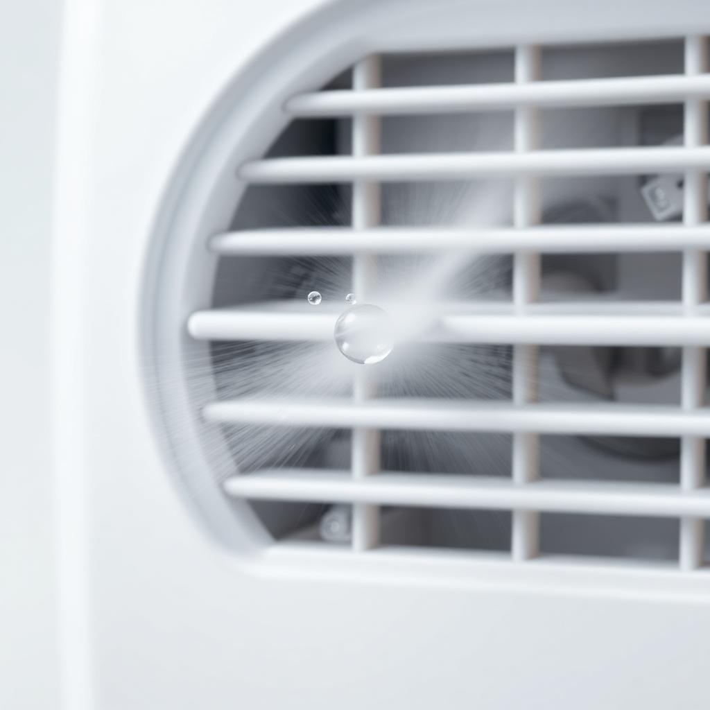 Close up of a small white air cooler vent blowing cool air with a tiny water droplet visible in the stream