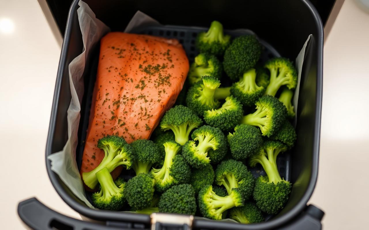 Seasoned salmon fillet and broccoli florets arranged in a single layer in an air fryer basket before cooking
