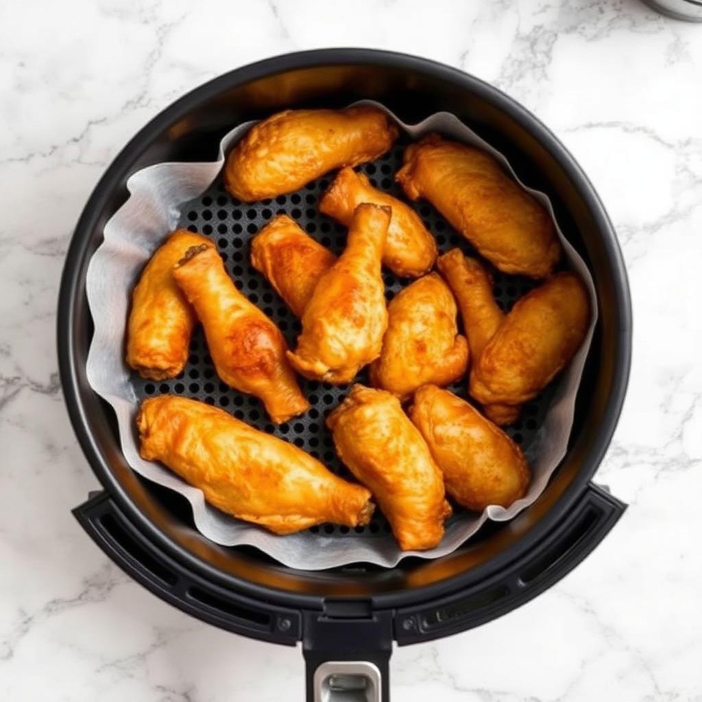 Overhead view of an air fryer basket with a parchment liner filled with golden brown crispy chicken wings on a white marble counter