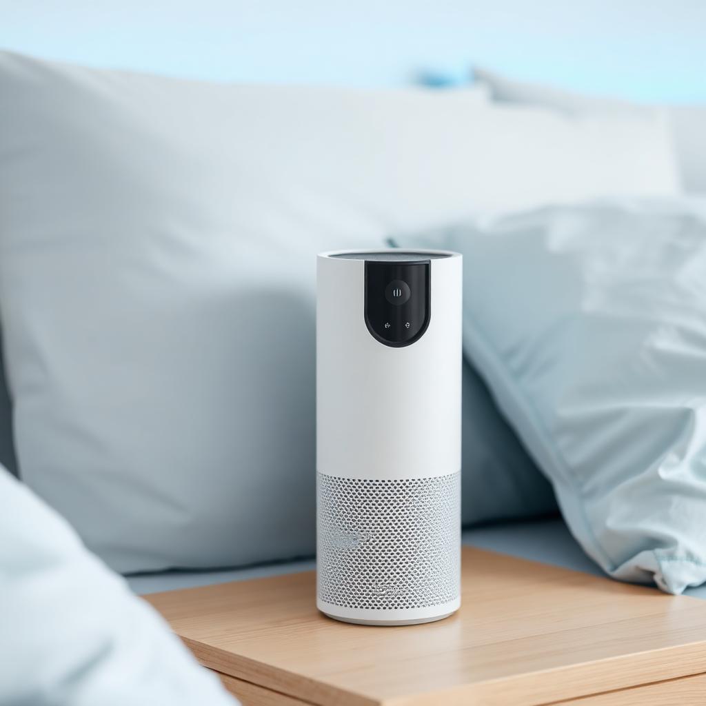 Compact cylindrical HEPA bedroom air purifier running on a wooden nightstand next to soft blue pillows in a calm bedroom