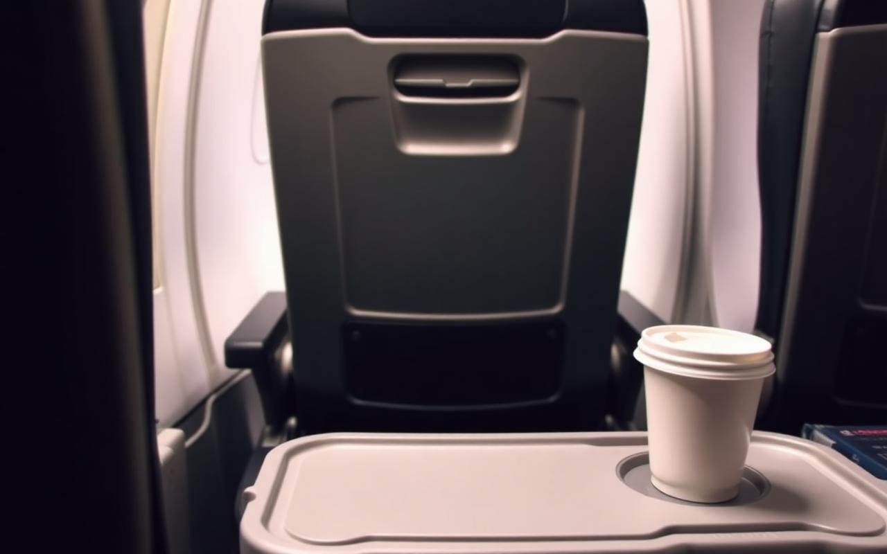 Reclined economy airline seat and open tray table showing the space left for the passenger behind