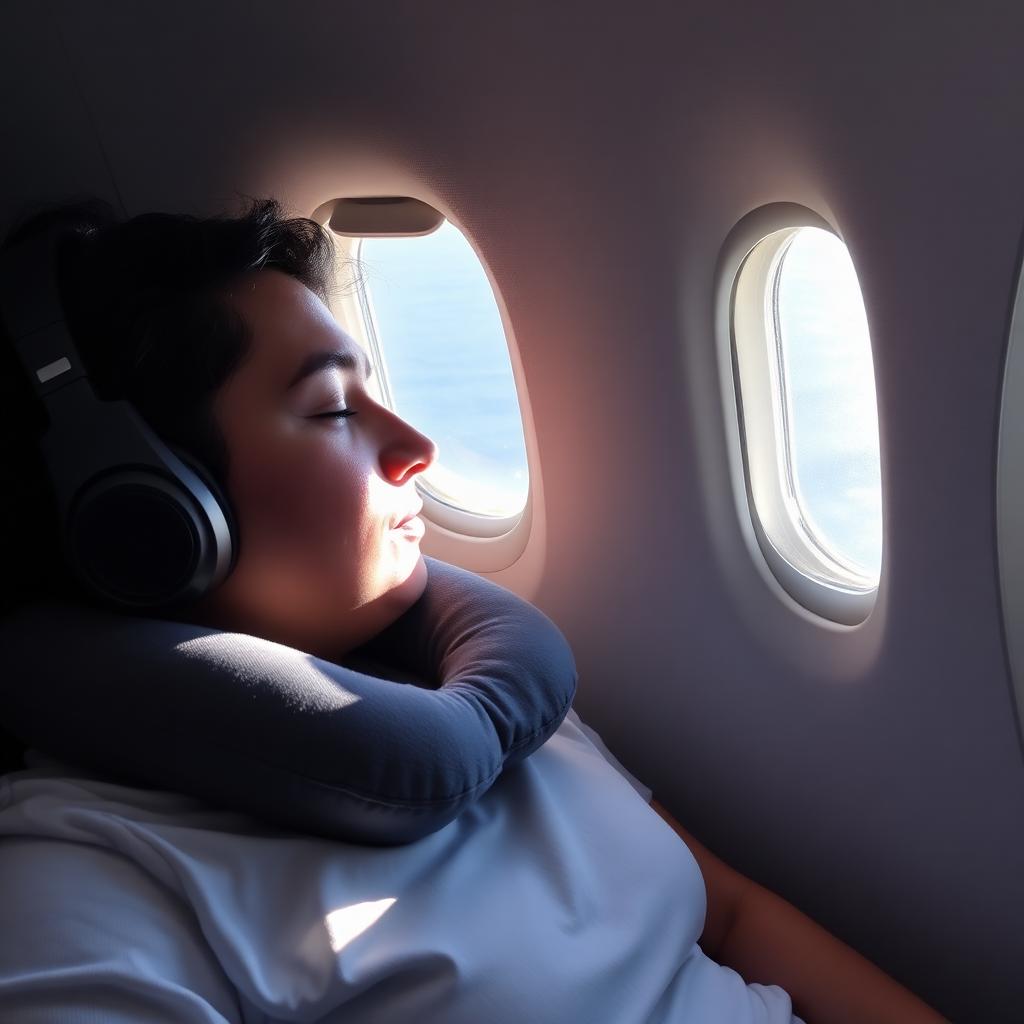 A passenger sleeping in an airplane window seat wearing a grey neck pillow and over ear headphones with soft sunlight through the window