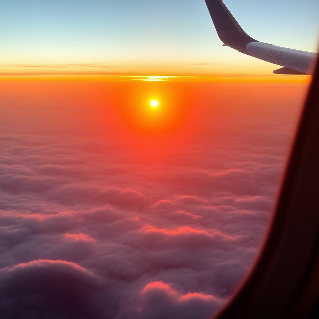 Sunrise view from airplane window over clouds, illustrating jet lag and time-zone shift on a long flight