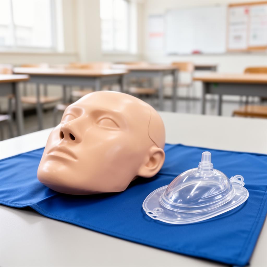 I Perform Adult Rescue Breathing Correctly: Side view of a CPR training mannequin on the floor with the head tilted back to demonstrate an open airway.