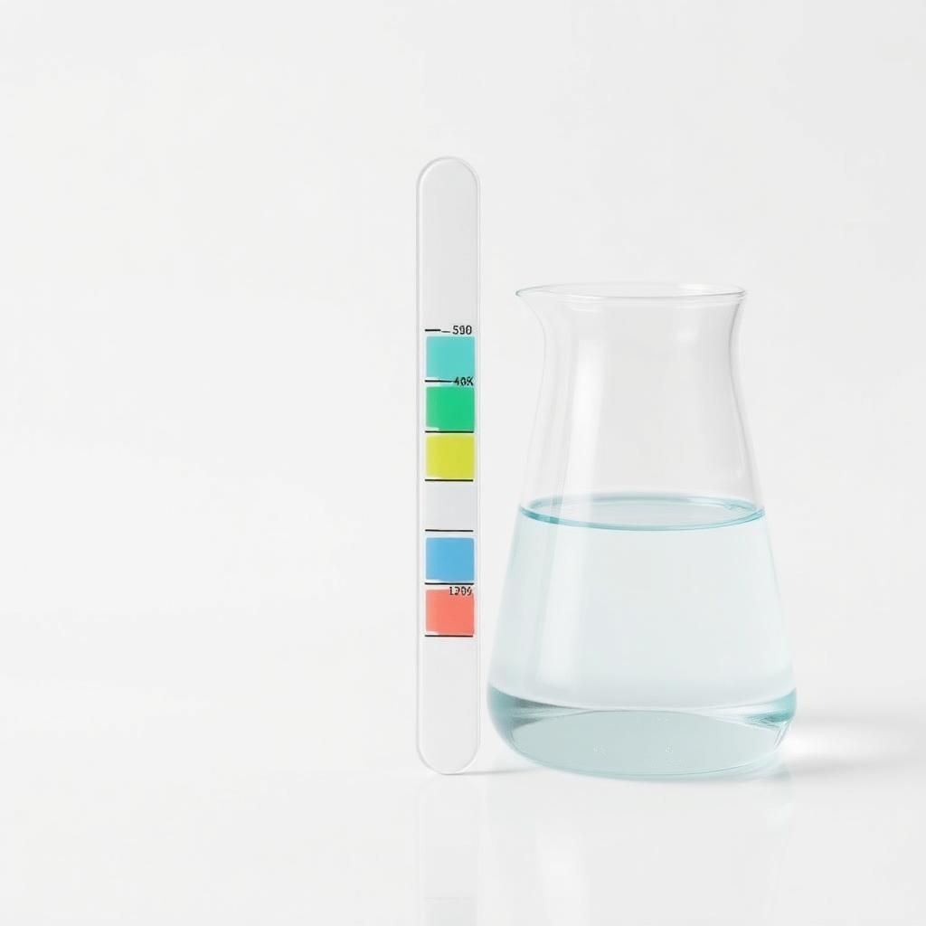 Scientific pH test strip with colored indicators next to a clear glass beaker holding liquid on a white background