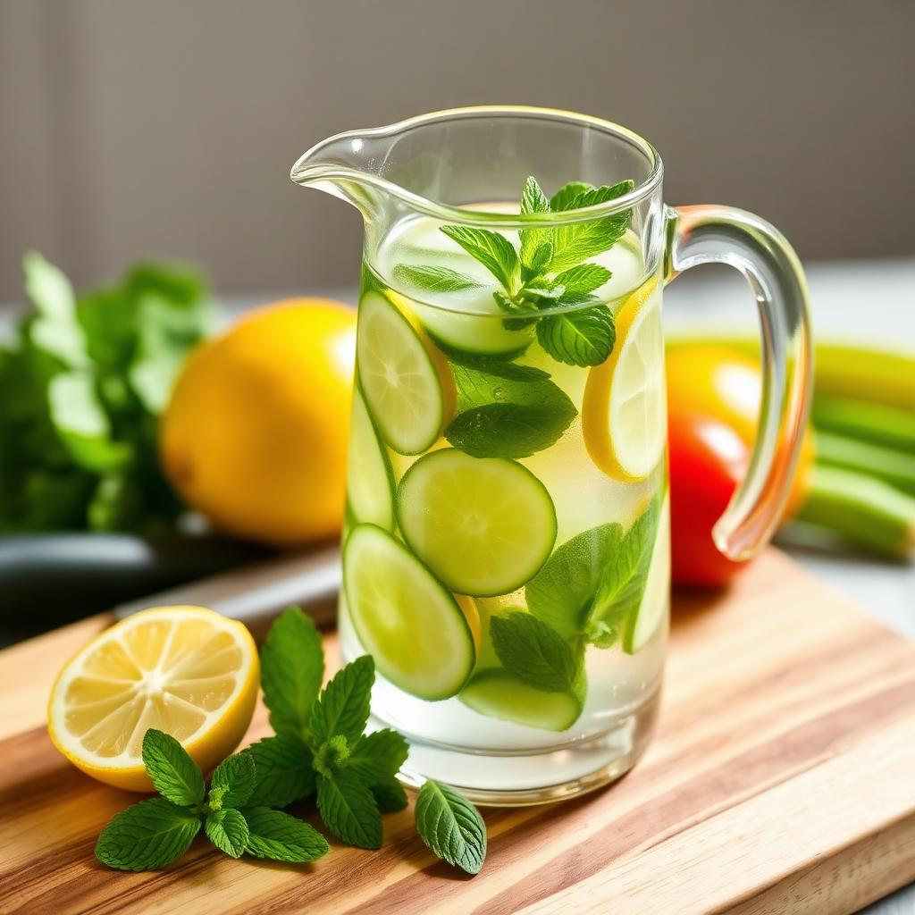 Glass pitcher of cucumber and lemon water with mint leaves on a wooden cutting board with fresh vegetables
