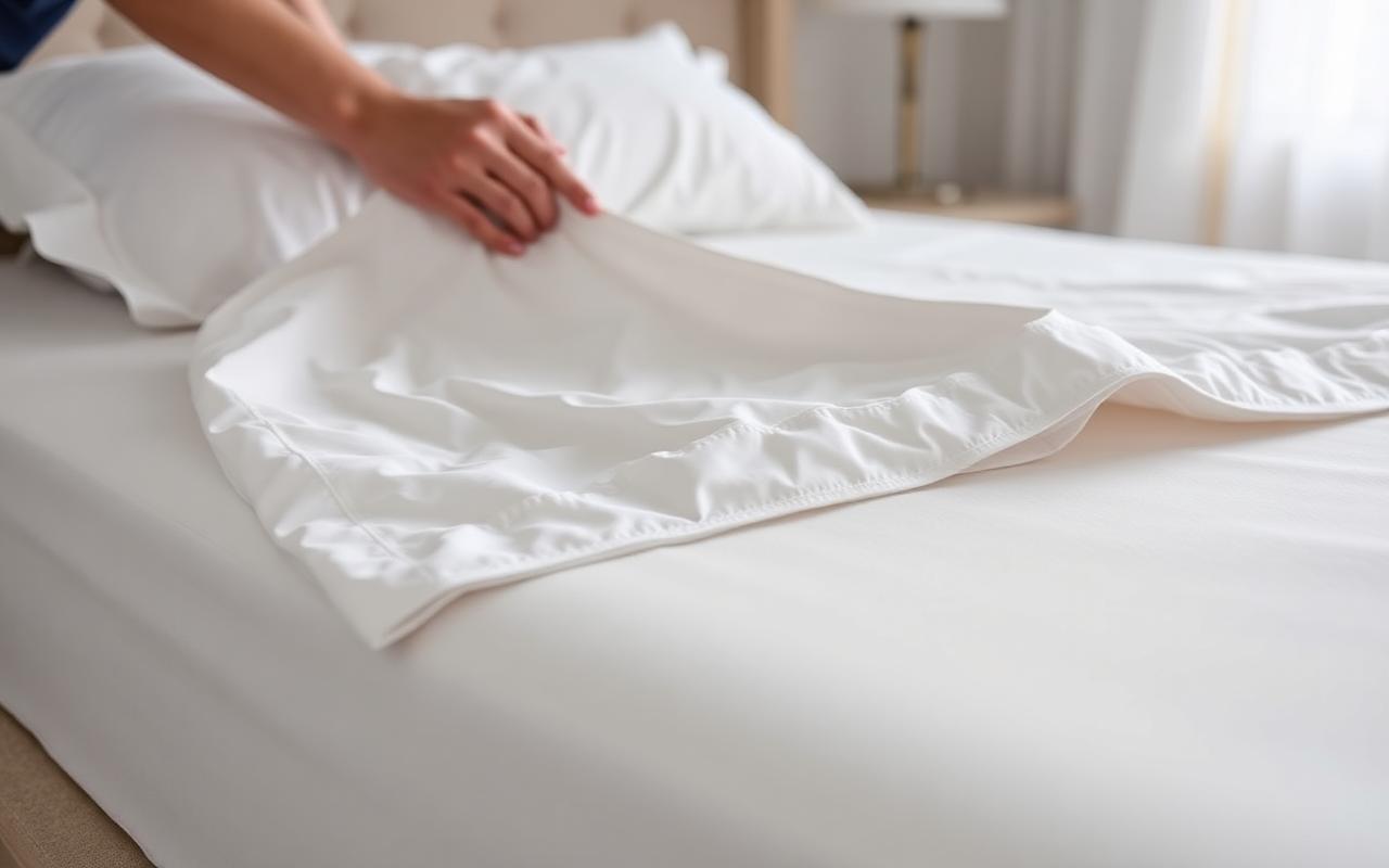Clean white bedding being fitted over an allergen proof mattress cover in a bedroom