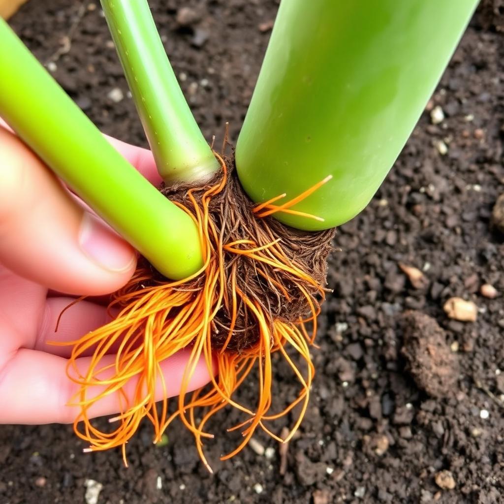 Close up of aloe vera root ball being inspected with healthy orange brown fibrous roots and gritty soil