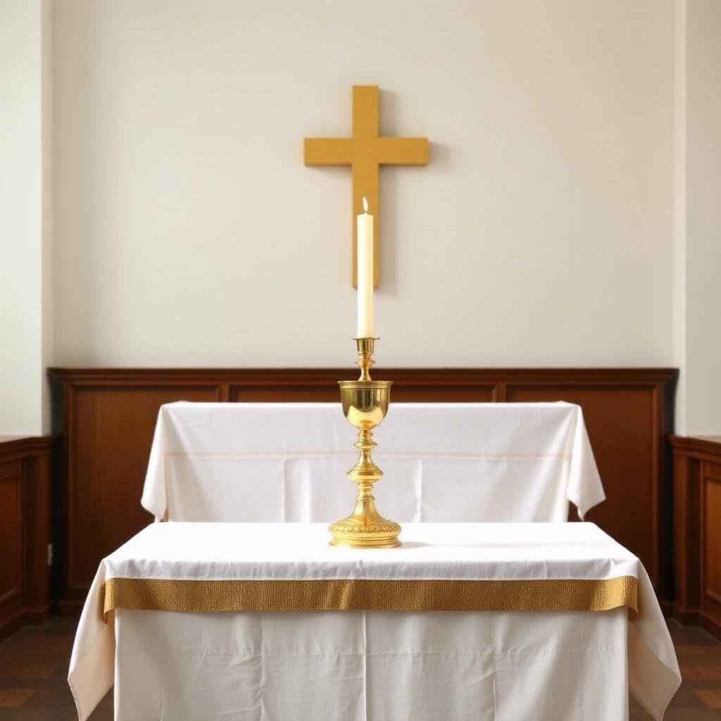 Catholic altar with a golden chalice and a single tall white candle ready for the Liturgy of the Eucharist