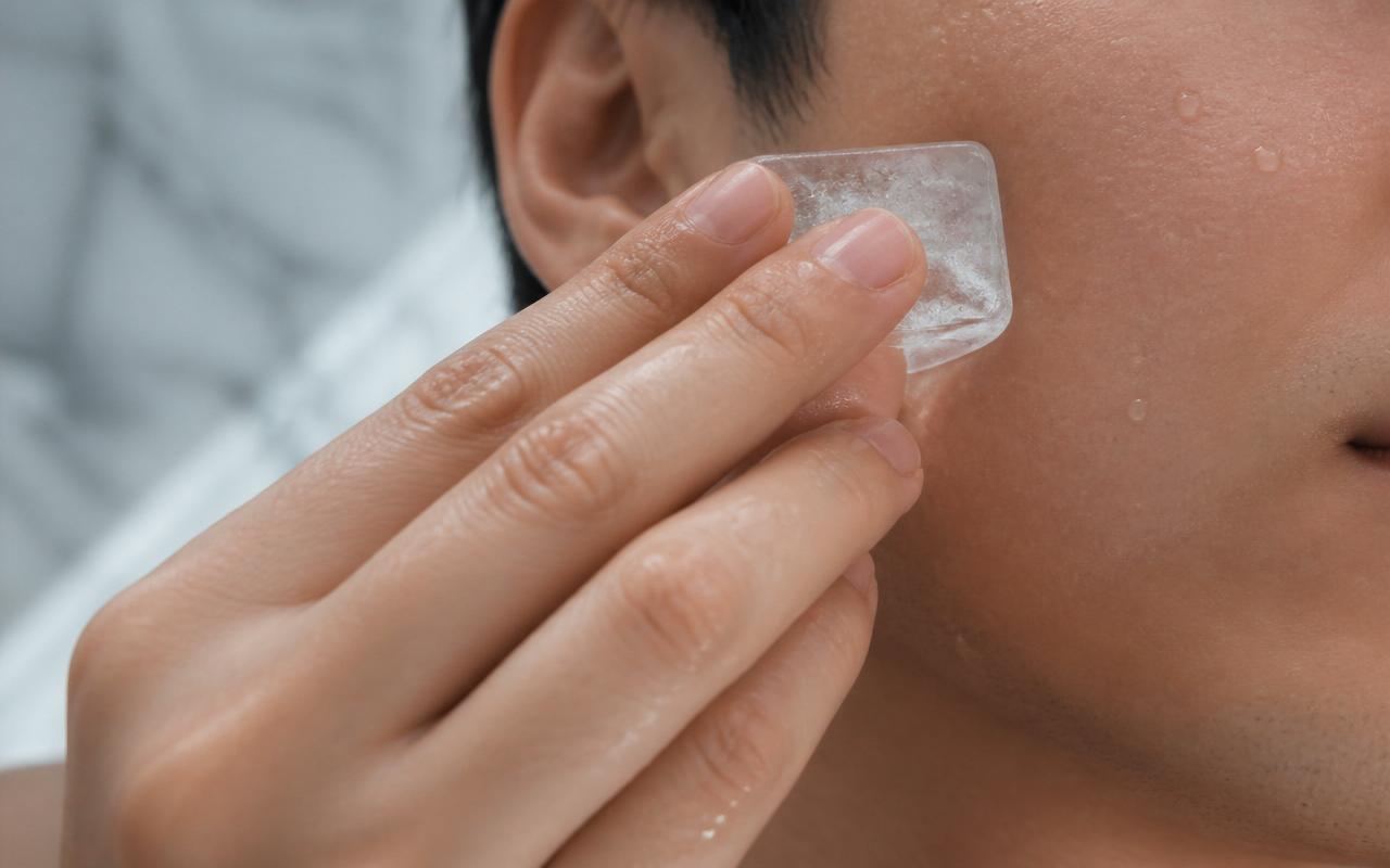 A wet transparent alum crystal block being glided across a freshly shaved man’s cheek with visible water droplets on the skin