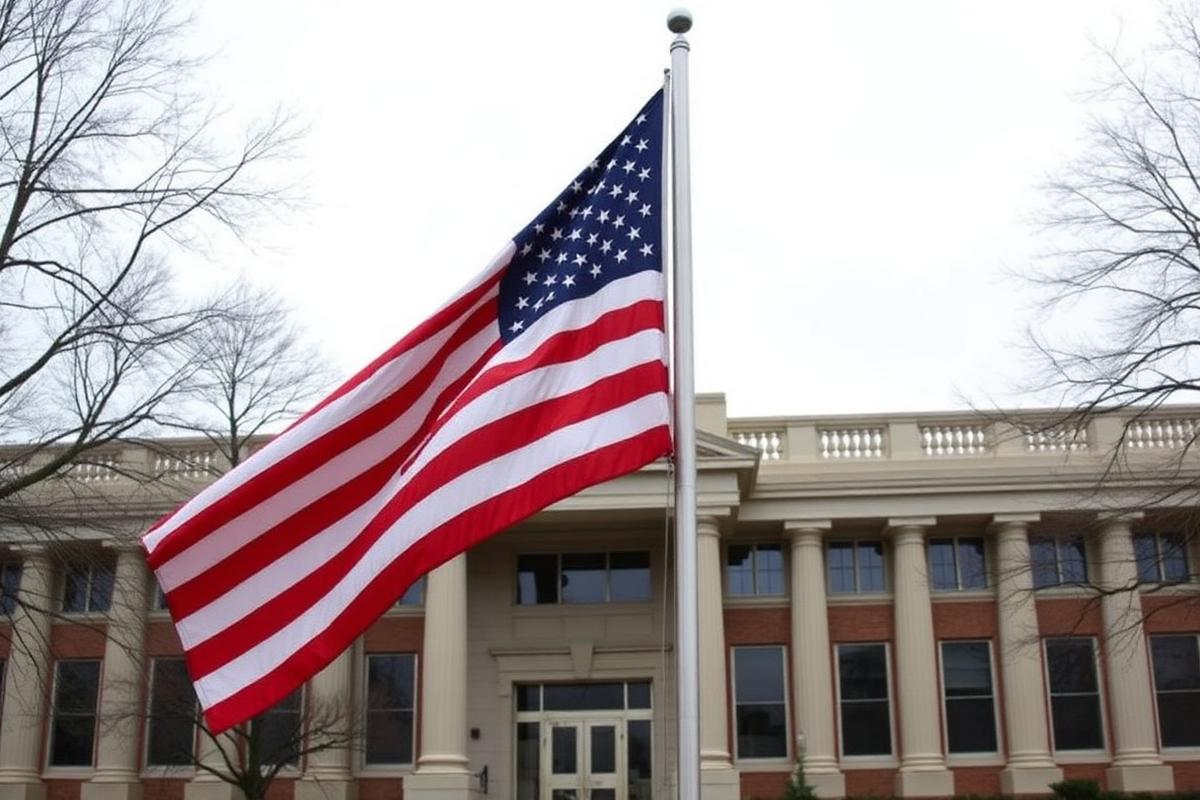 American flag flown at half staff on a flagpole in front of a civic building