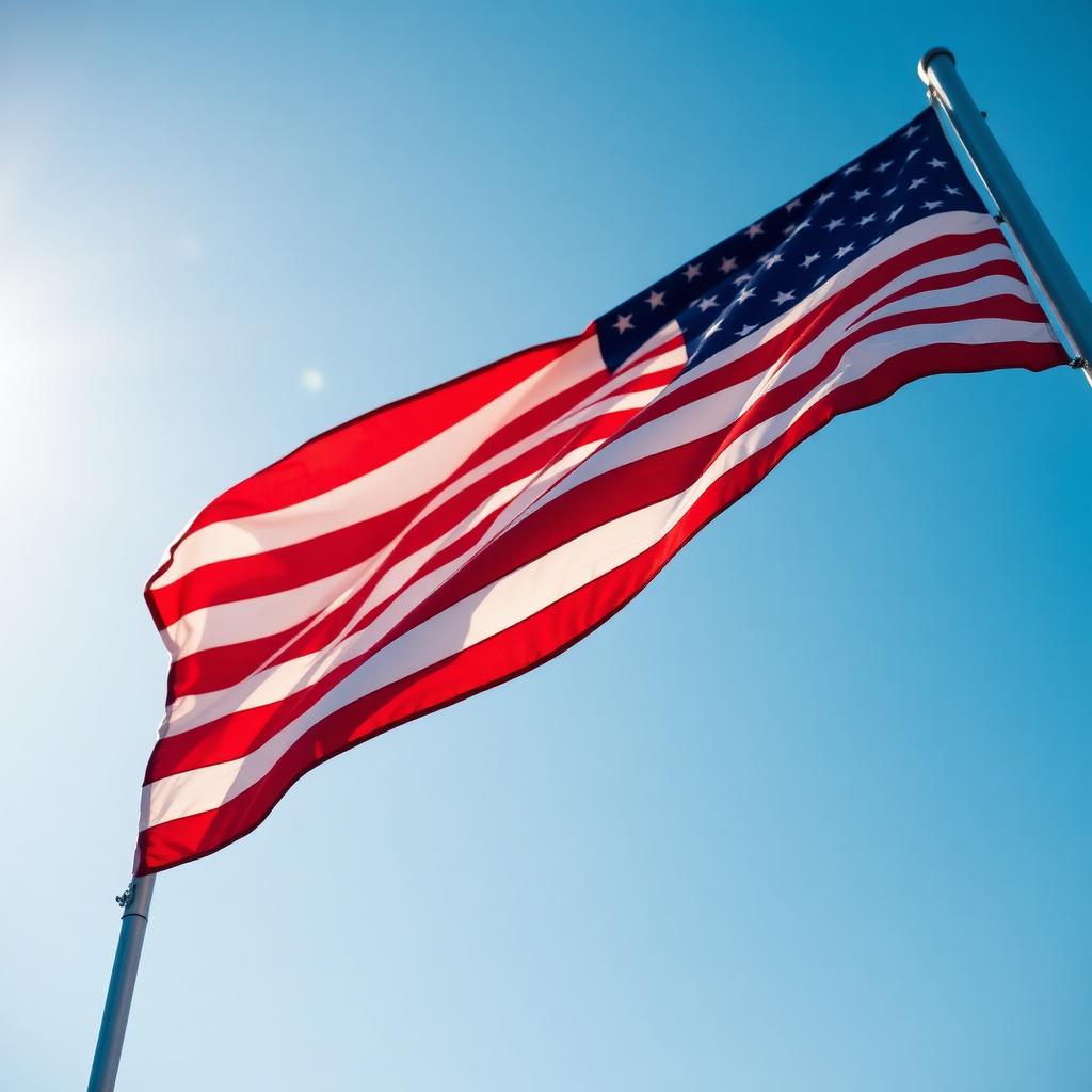 the New VC-25B Bridge Air Force One: Close up of an American flag waving against a clear blue sky in soft afternoon sunlight
