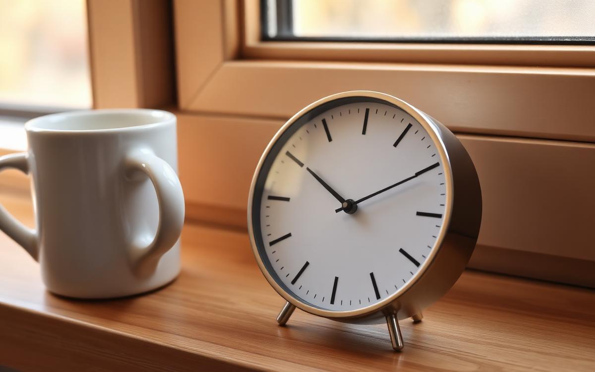 Round analog wall clock beside a window with warm autumn afternoon light