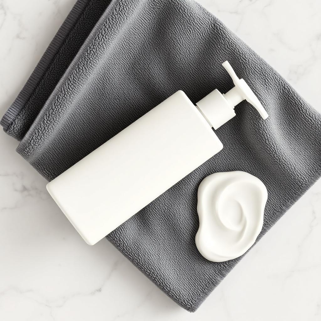 A plain unbranded white lotion bottle lying on a folded gray gym towel with a small pool of white cream squeezed out beside it on a clean marble surface