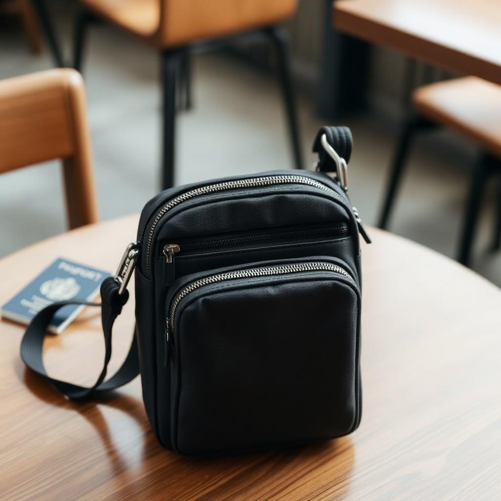 Black anti-theft crossbody travel bag with secure zippers on cafe table next to passport, a solo female travel safety essential