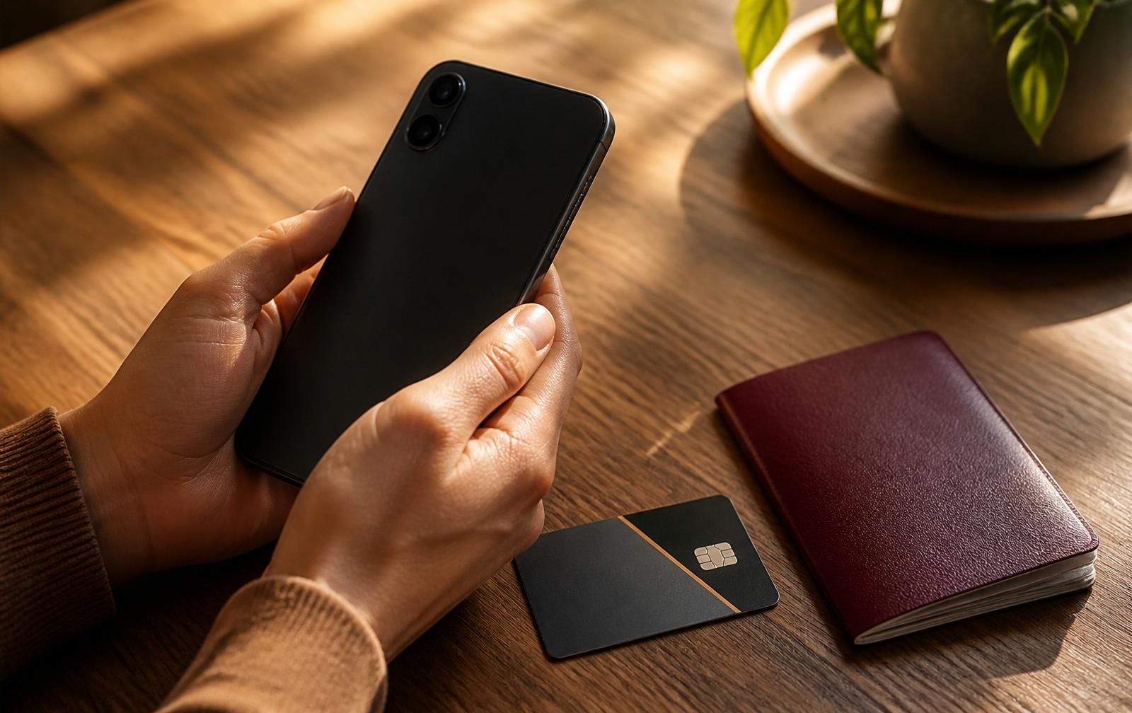 Hand holding a smartphone with a generic settings screen, credit card visible on a desk nearby