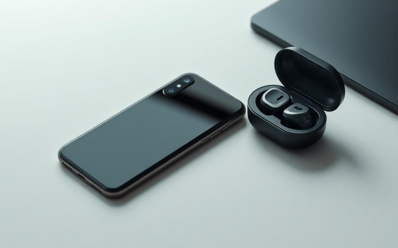 Smartphone and wireless earbuds on a desk representing hardware expected at an Apple September event