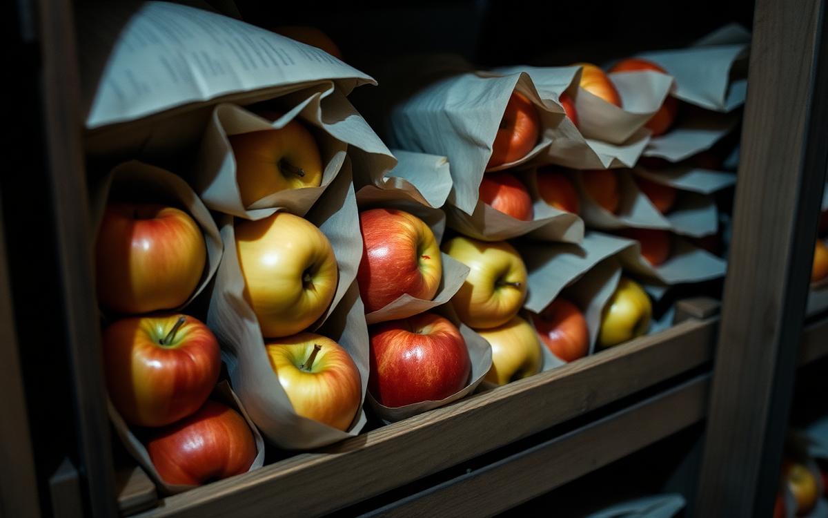 Red and green apples arranged in a wooden crate in a cool storage room