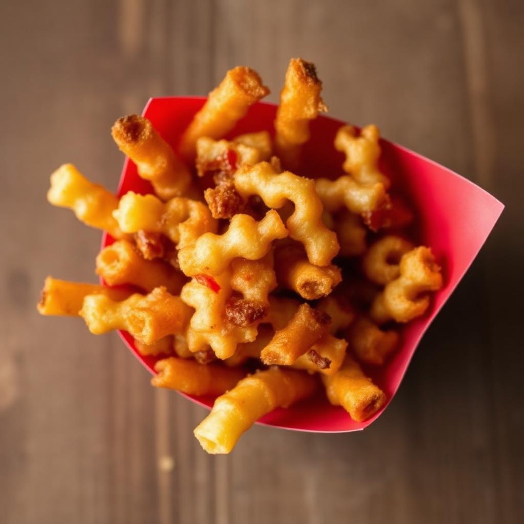 Curly seasoned fries in a small red paper cup, top down view