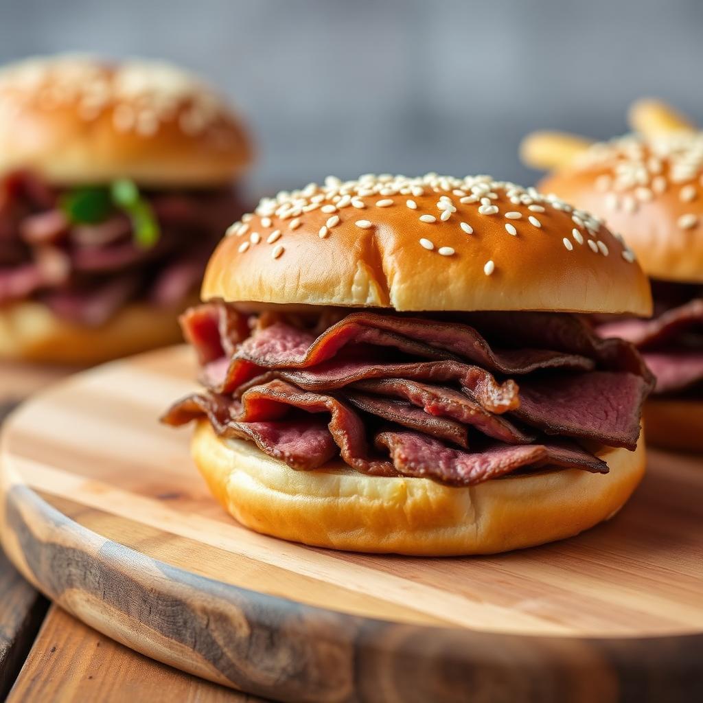 Thinly sliced roast beef sandwich on a sesame seed bun on a wooden board