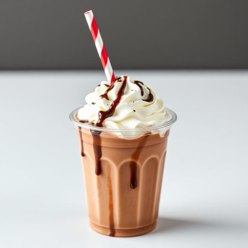 Chocolate milkshake topped with whipped cream and chocolate syrup in a clear cup