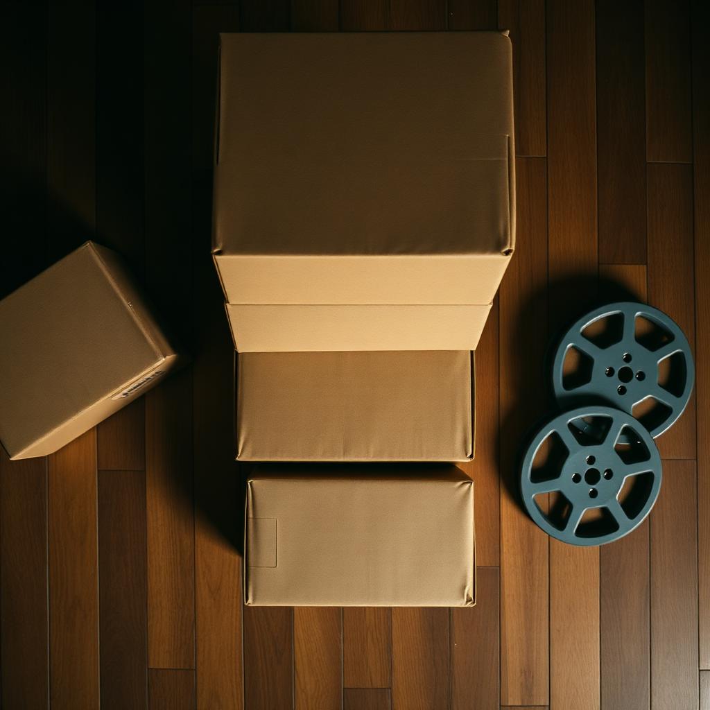 Plain brown cardboard archive boxes stacked next to vintage film reels on a wooden floor