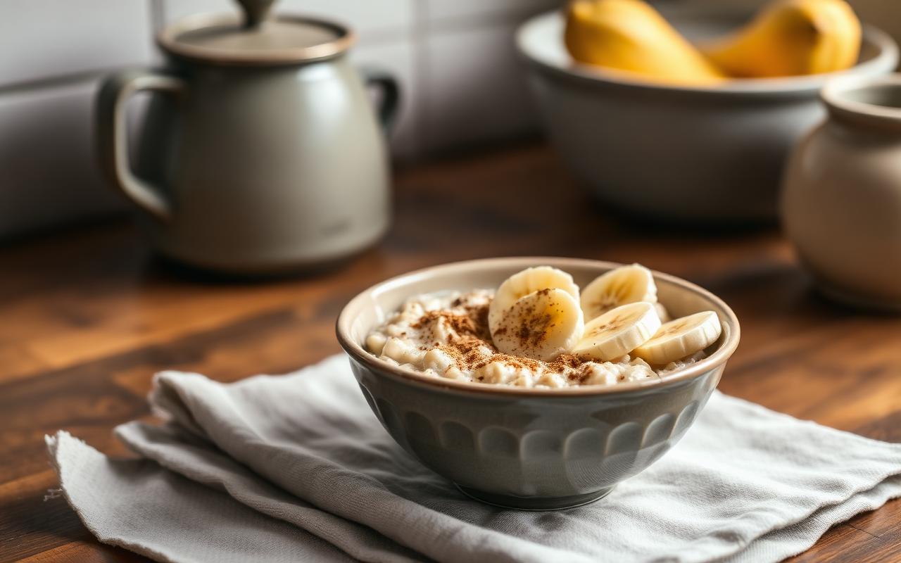 Warm bowl of creamy steel cut oats topped with sliced banana and cinnamon on a wooden kitchen counter