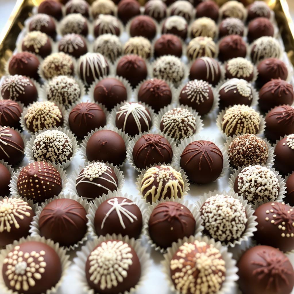 A decorative tray of artisan chocolate truffles arranged in neat rows