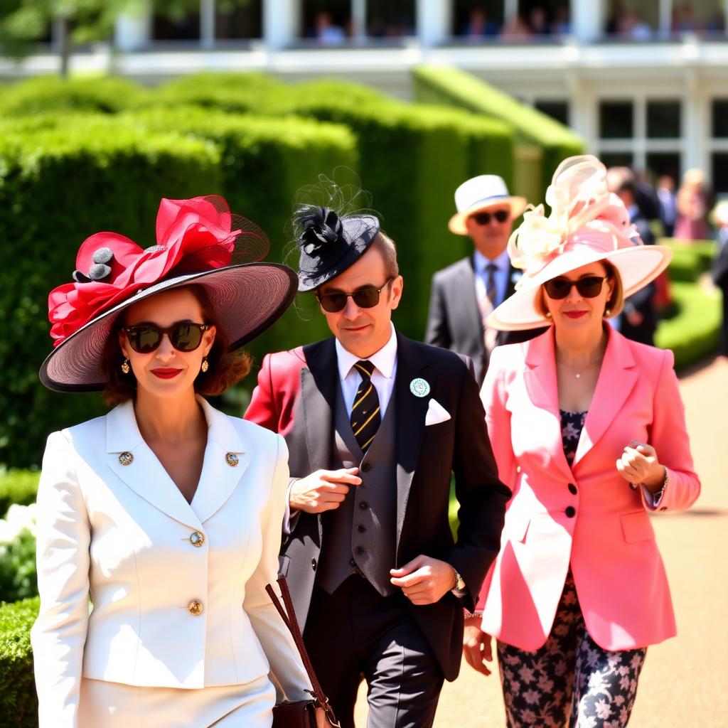 Stylish race day attendees in formal hats and morning suits walking through Royal Ascot gardens