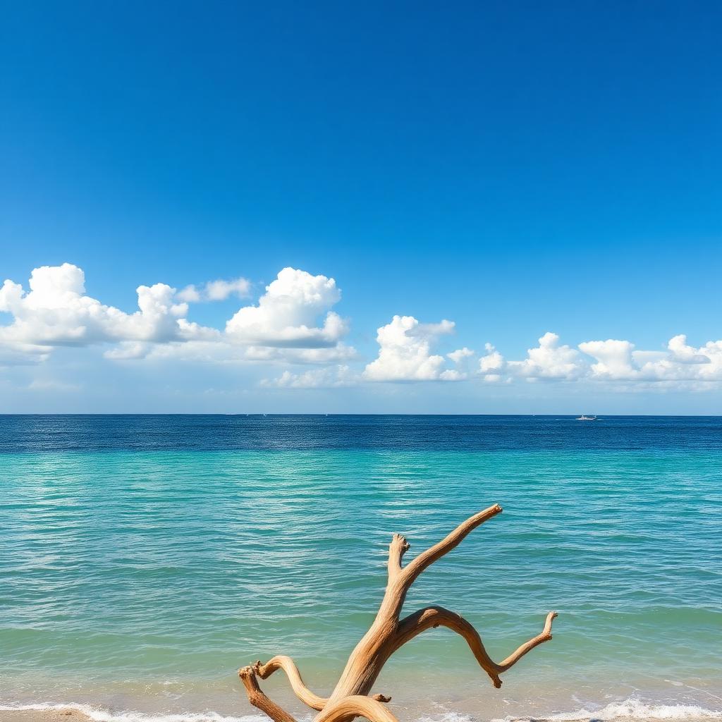Calm blue Atlantic Ocean horizon with small fluffy white clouds over open sea on a July afternoon with beach driftwood in foreground, illustrating mid Atlantic weather conditions