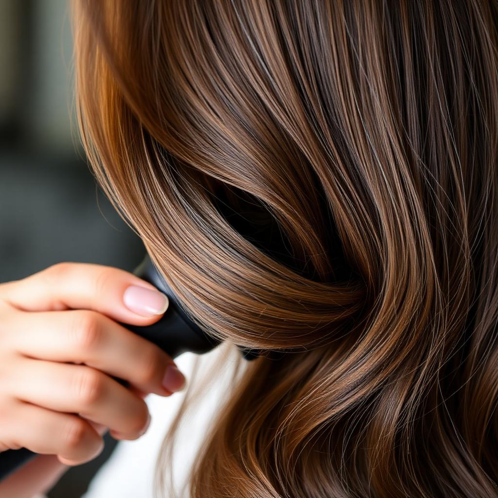 Long brown hair falling in a smooth loose curl next to a hand holding an automatic curler