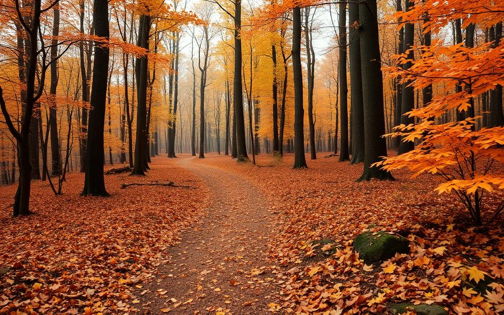 Forest hiking trail covered in orange and yellow fallen leaves at peak autumn color