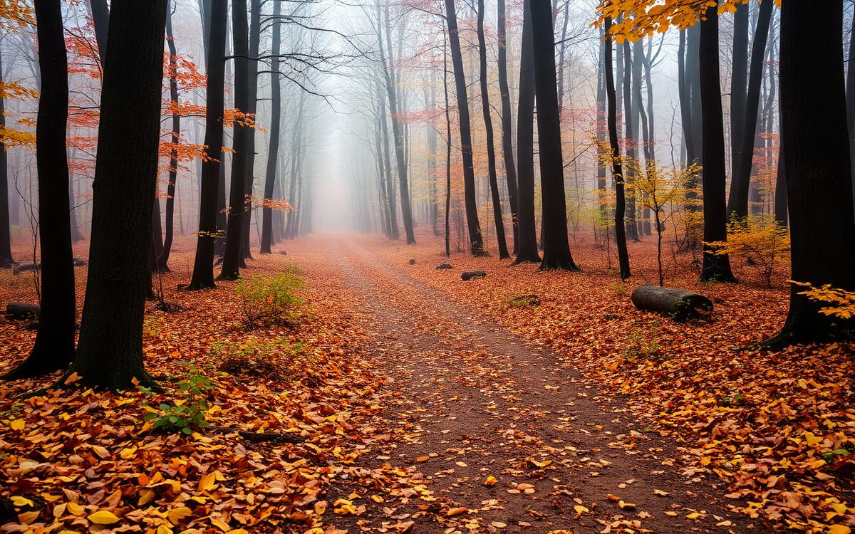Forest path covered in orange and yellow autumn leaves in soft morning light