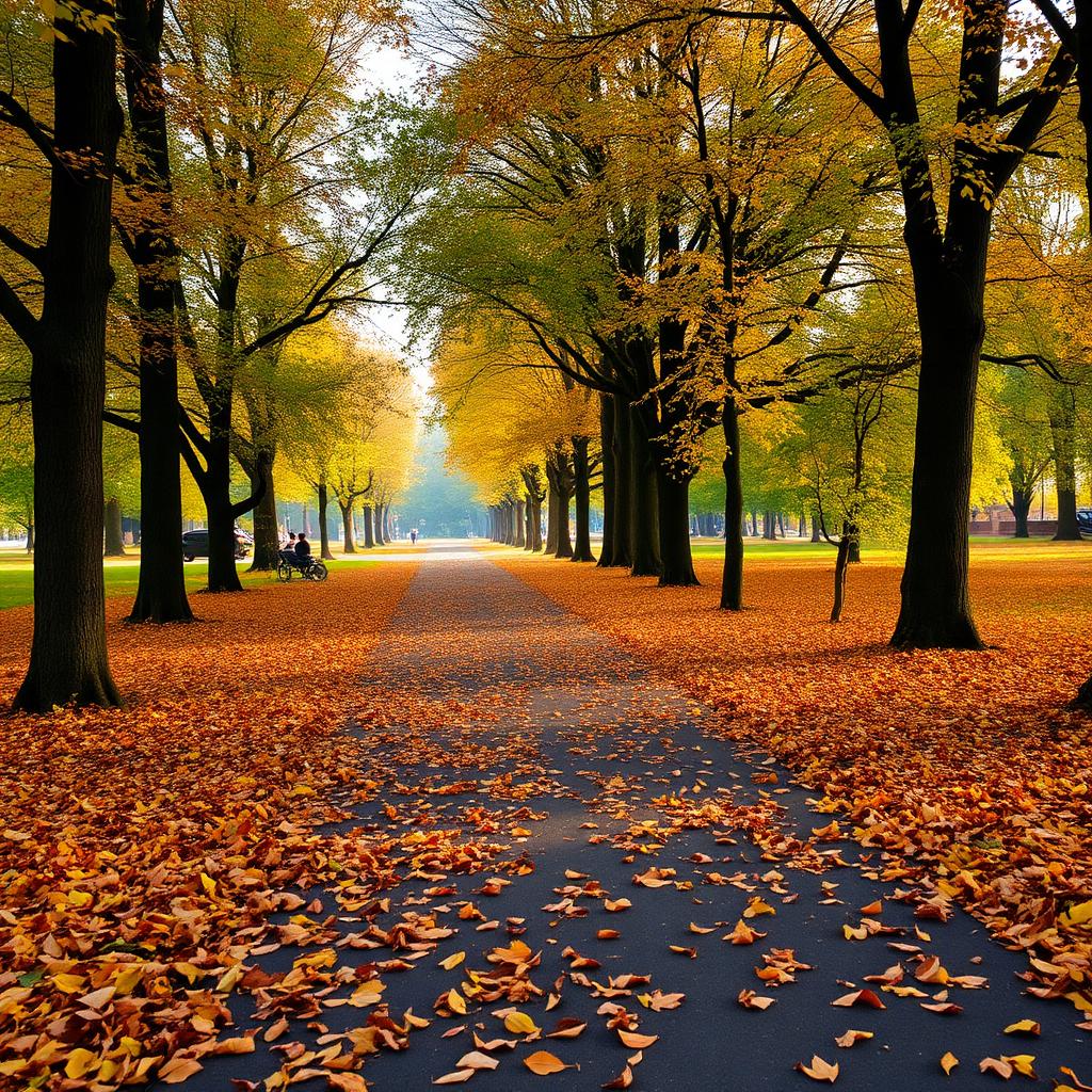 Many Steps Burns 200 Calories: A peaceful autumn park trail blanketed in fallen orange and yellow leaves under soft morning light filtering through trees.