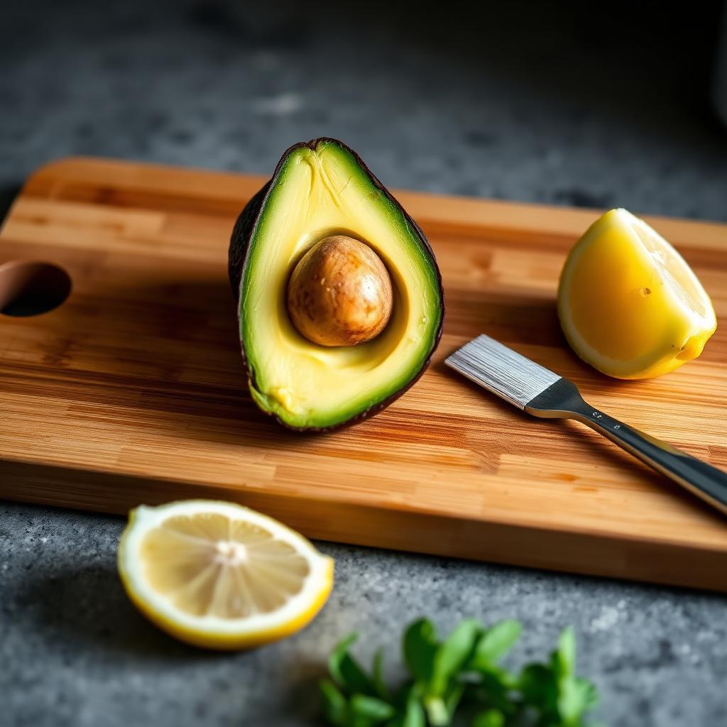 A halved avocado on a wooden cutting board next to a lemon wedge and a small pastry brush, ready to brush citrus juice over the cut flesh to prevent browning