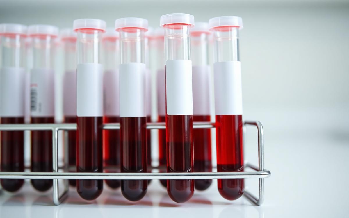 Blood collection tubes filled with blood in a rack for a vitamin B12 blood test