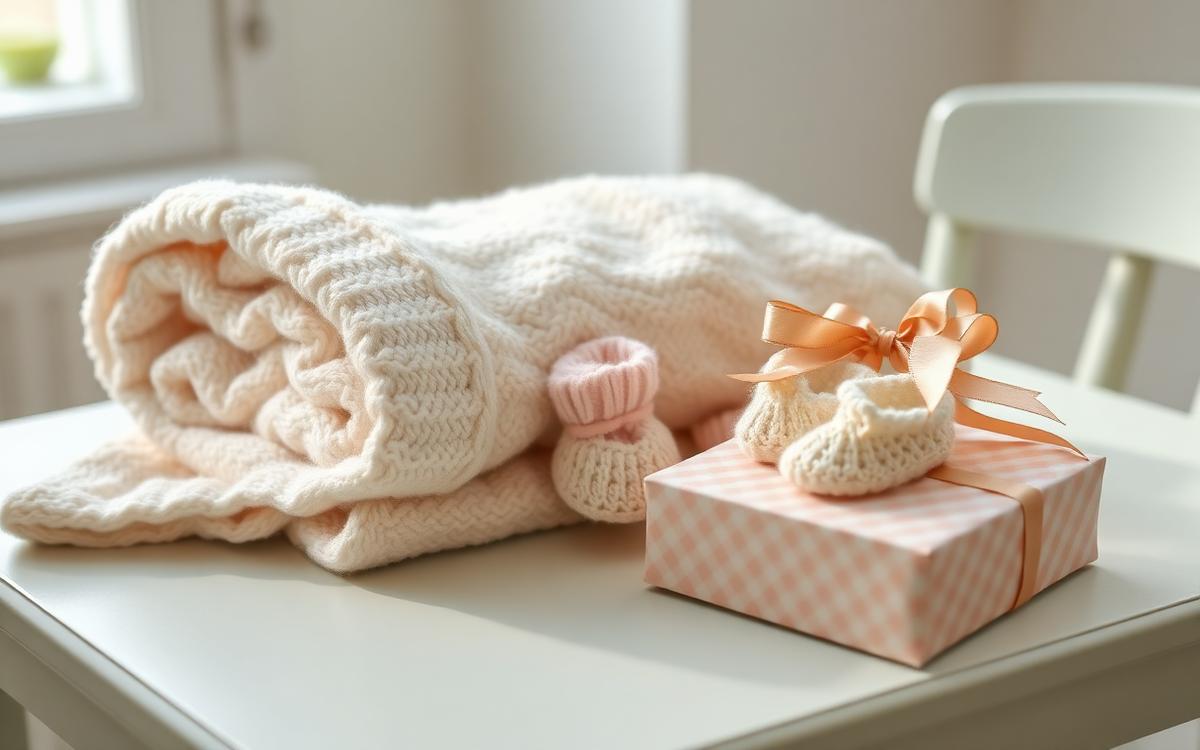 Folded baby blanket, knitted booties and a wrapped baby shower gift on a pastel table