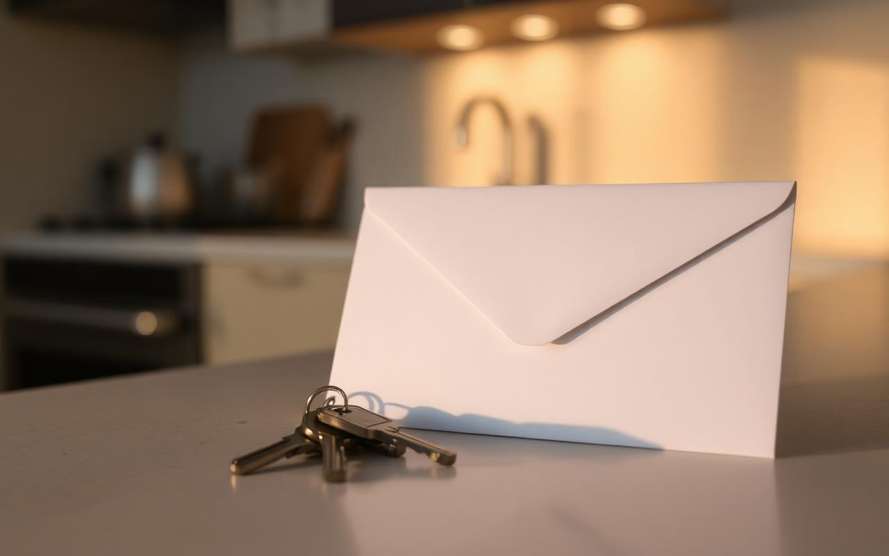 Envelope of babysitter payment and house keys left on a kitchen counter for the evening