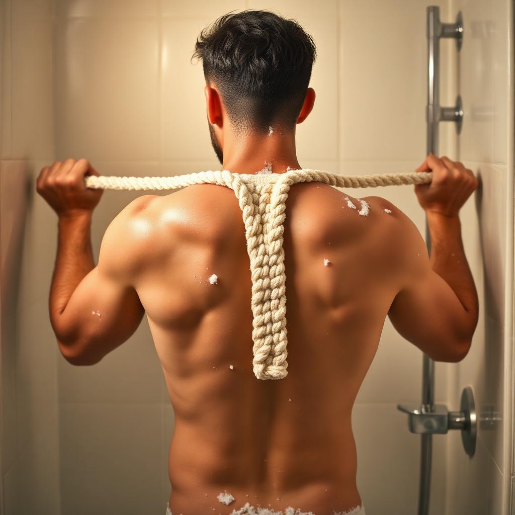 A man in a shower using both hands to pull a long loofah back scrubber strap in a seesaw motion across his upper back with soapy lather visible
