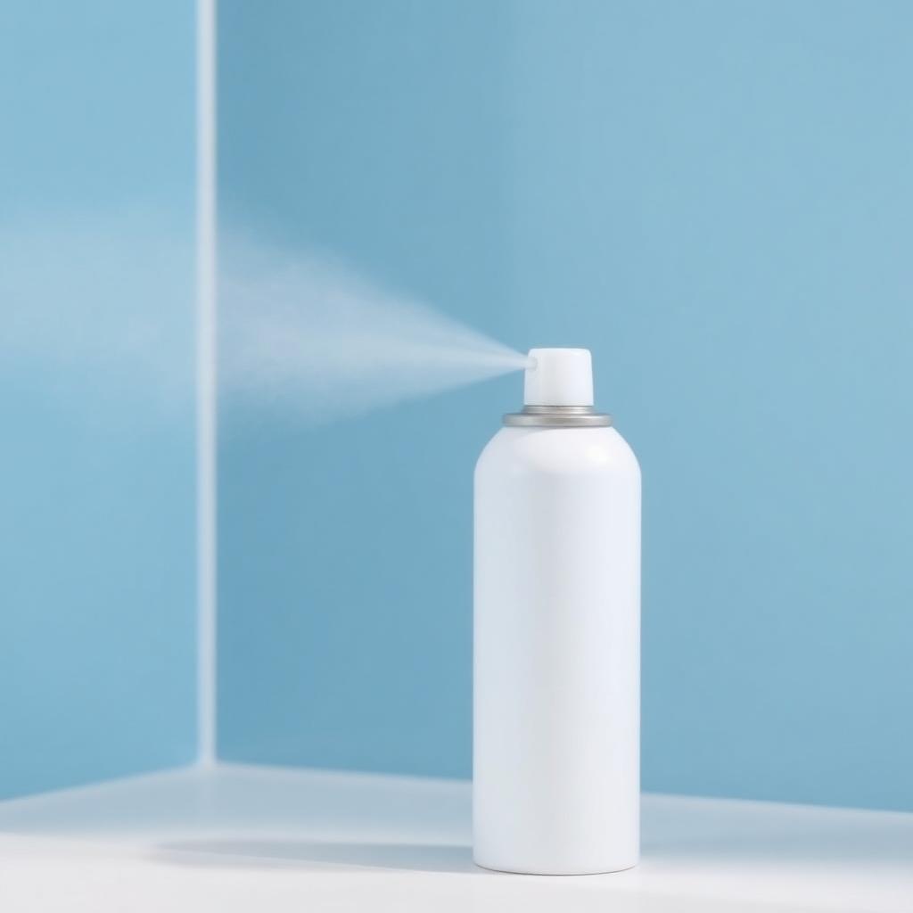 A plain unmarked white aerosol spray can releasing a fine mist plume against a soft blue background