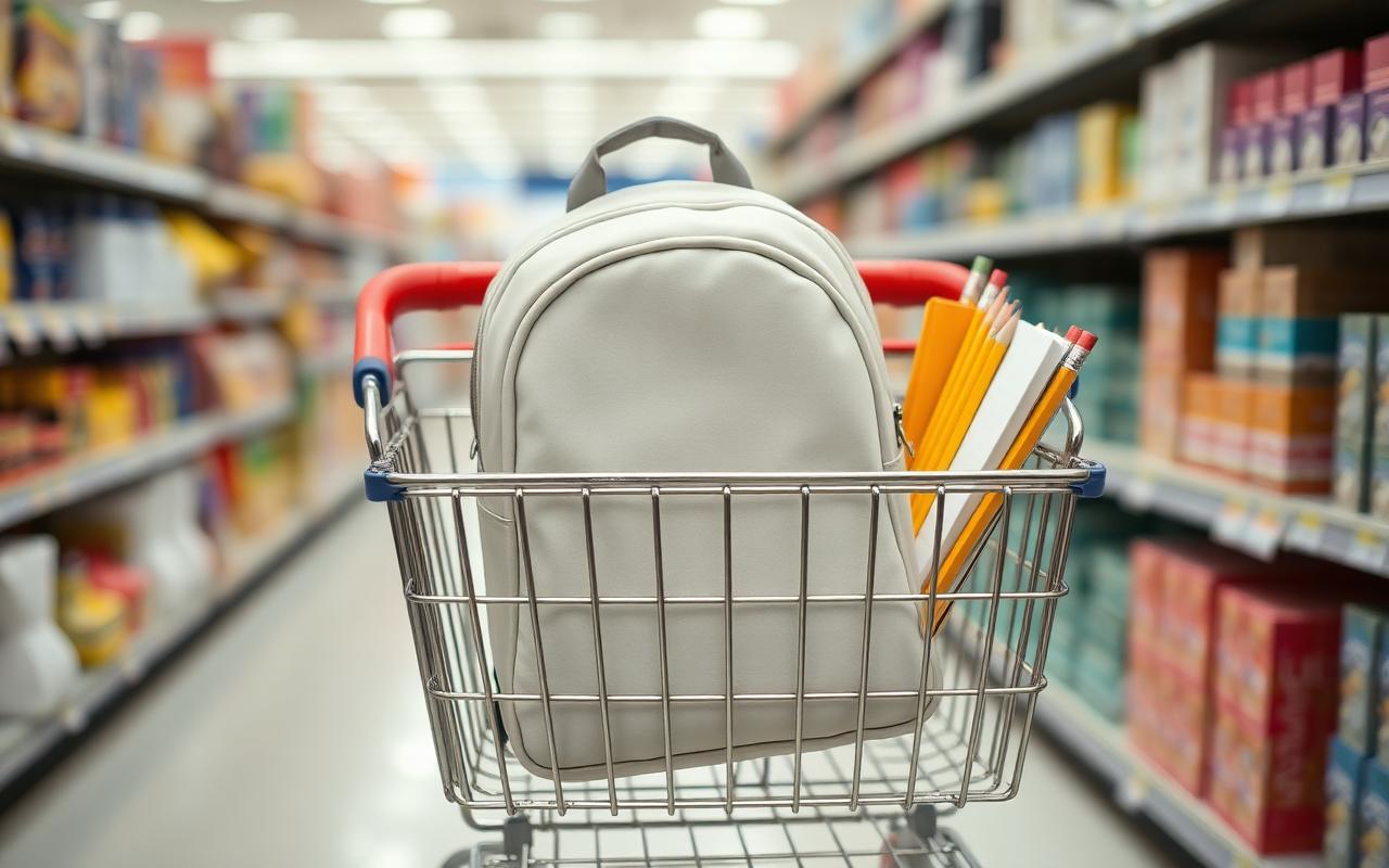 Shopping cart holding a plain backpack, notebooks and pencils in a store aisle during back-to-school shopping