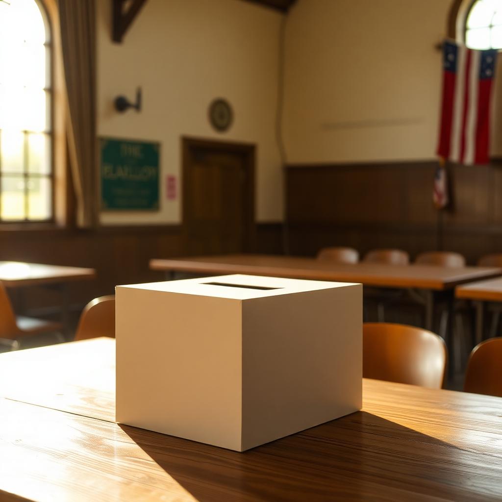 Vote: A plain ballot box on a wooden table inside a community hall used as a polling station.