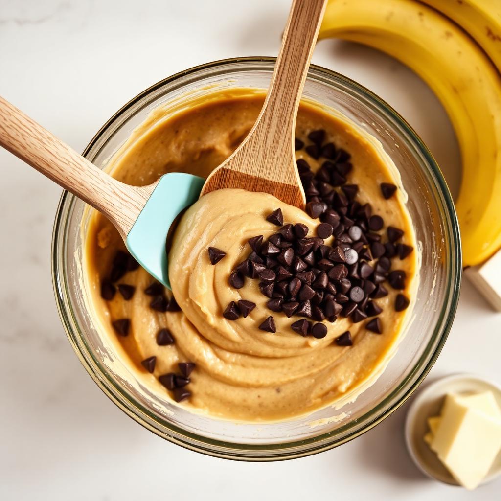 Banana bread batter being folded with chocolate chips in a glass bowl