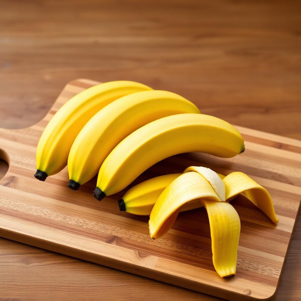 A bunch of ripe yellow bananas on a wooden cutting board with one peeled banana